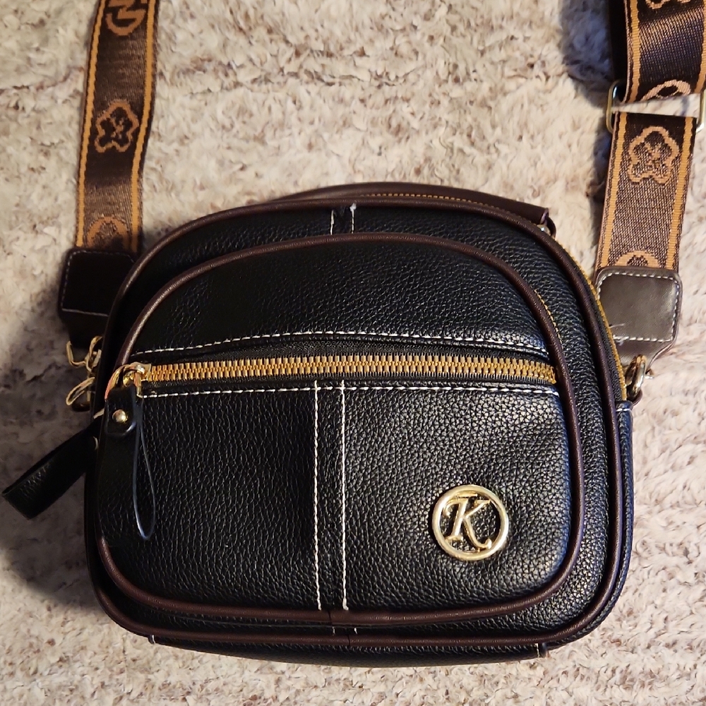 Kj Brand Black and Brown Belt Bags with Gold Accents
